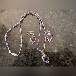 Sterling Silver Amethyst Drop Earrings and Necklace set